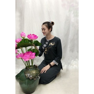 Bộ lam đi chùa " Thun xéo viền thêu"