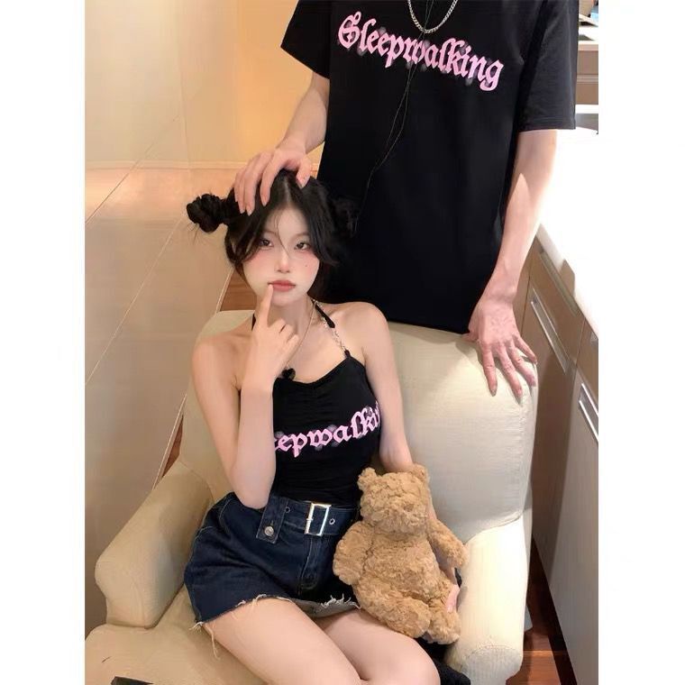 Set Áo Thun Tay Ngắn + Áo Hai Dây In Chữ Thời Trang Cho Cặp Đôi