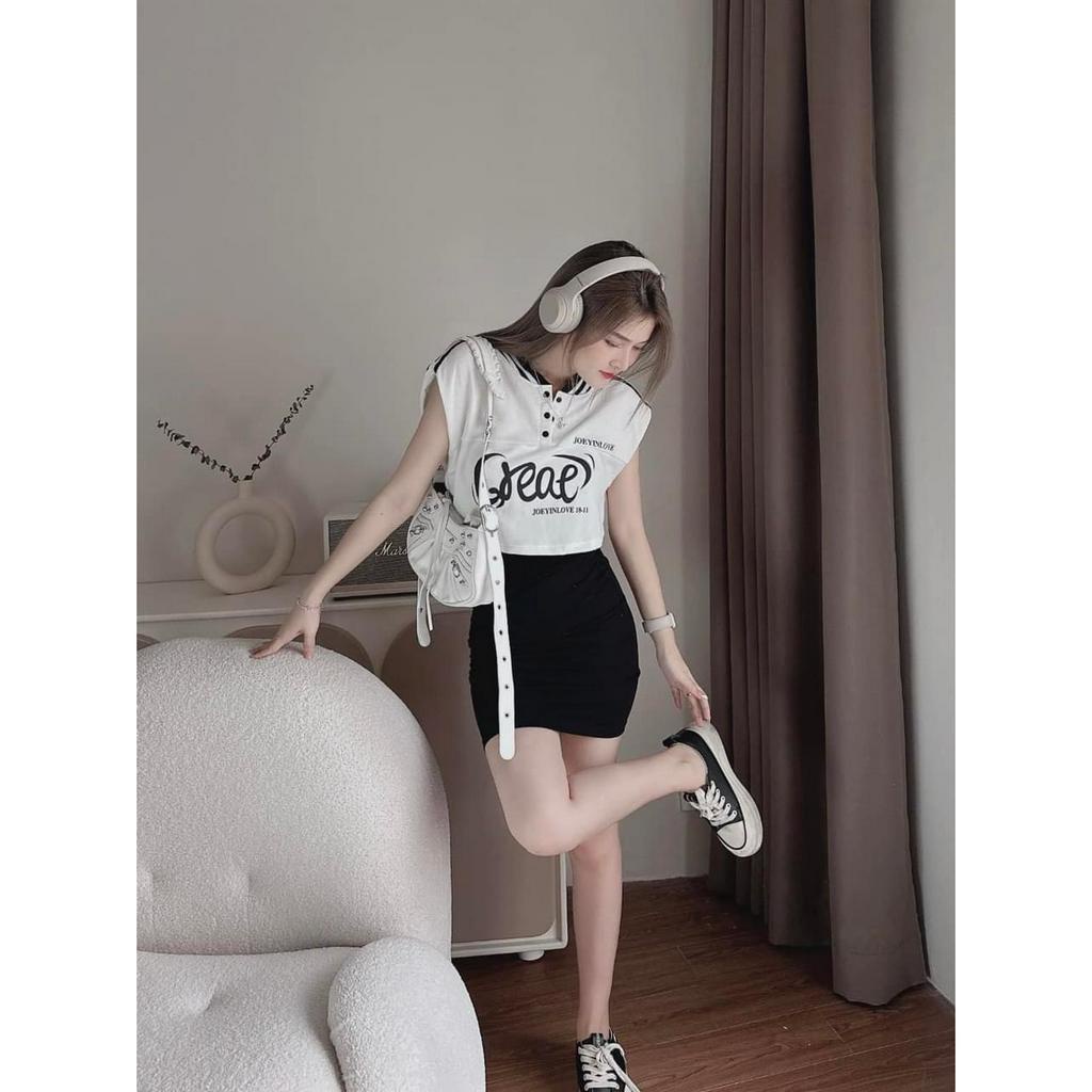 ( Freeship): Set áo thun cotton cổ trụ+ váy 2 dây chất bozip co dãn