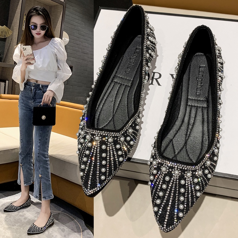 Giày Búp Bê Da Đế Bằng Mũi Nhọn Đính Đá Pha Lê Thời Trang Cho Nữ