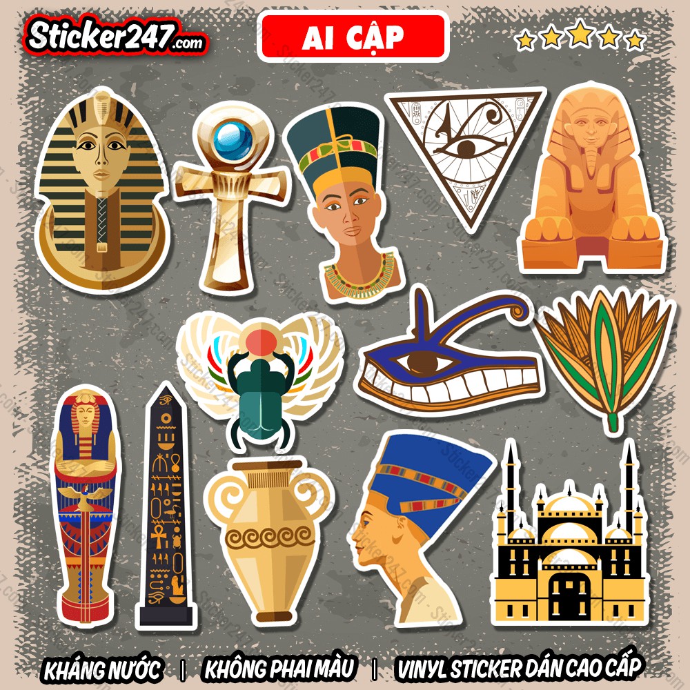 Sticker Ai Cập Cổ Đại 𝑭𝒓𝒆𝒆𝒔𝒉𝒊𝒑 Sticker Dán Mũ Bảo Hiểm, Dán Vali, Laptop, Đàn Guitar - Hình Dán Chống Thấm Nước
