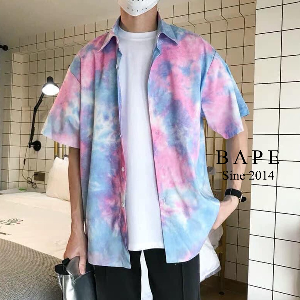 Áo sơ mi nam nữ Bape form rộng ulzzang tay lỡ loang 3D (màu đen, hồng, xanh)