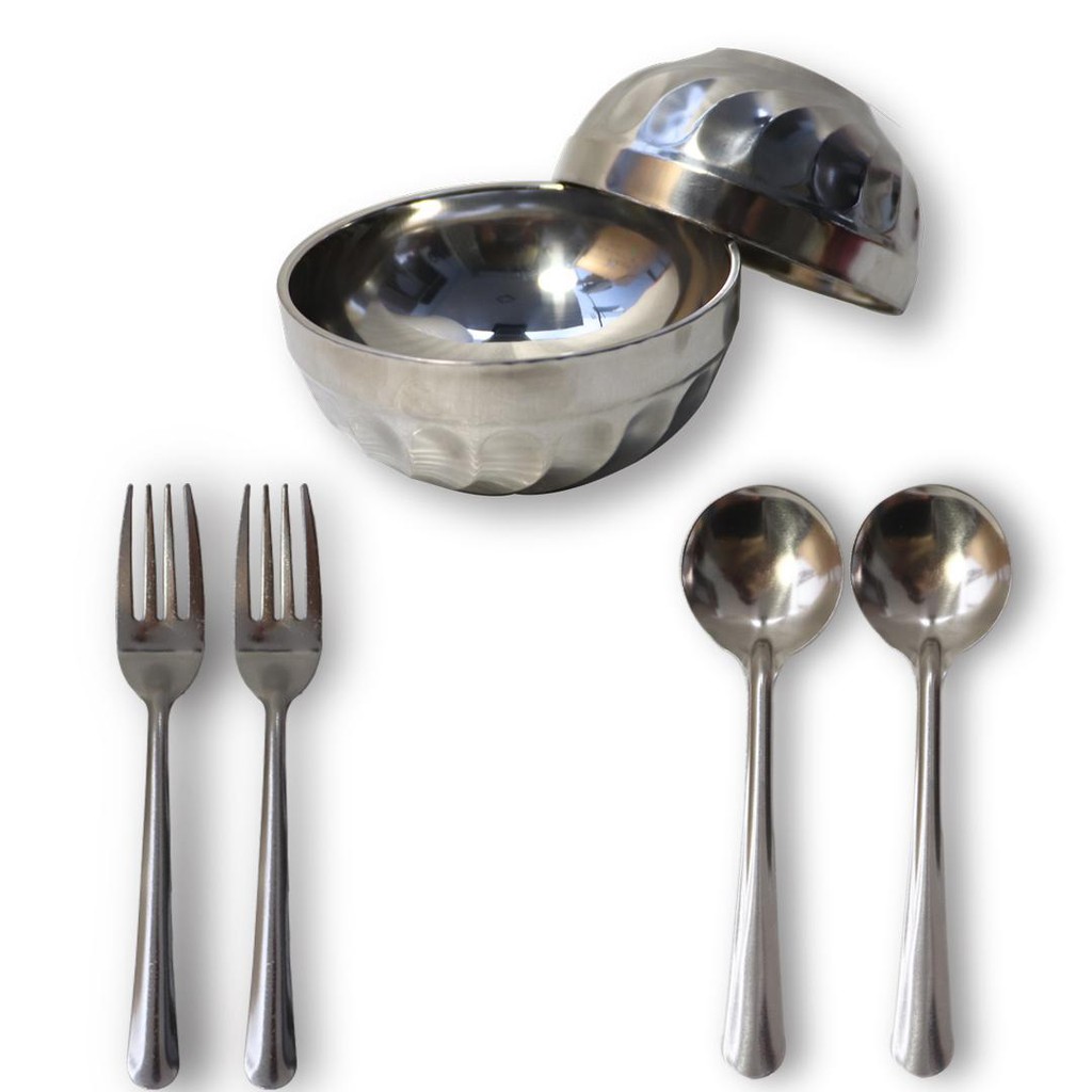 Combo 2 muỗng soup tròn, 2 nĩa, 2 chén inox cao cấp Hoàng Gia TMN01 – Fuki24
