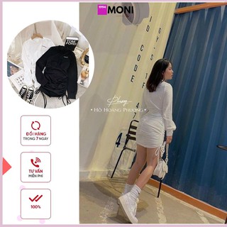 Đầm thun ôm rút dây body đen, trắng tay dài D43