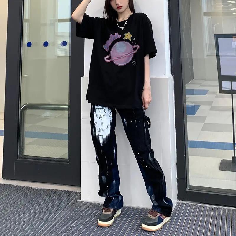 Quần Jean Lưng Cao Ống Rộng Cá Tính Dành Cho Nữ