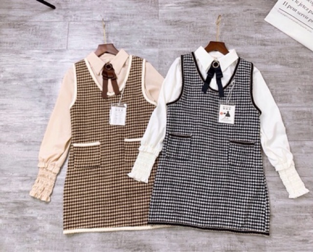 Set áo sơ mi kèm váy gile dạ