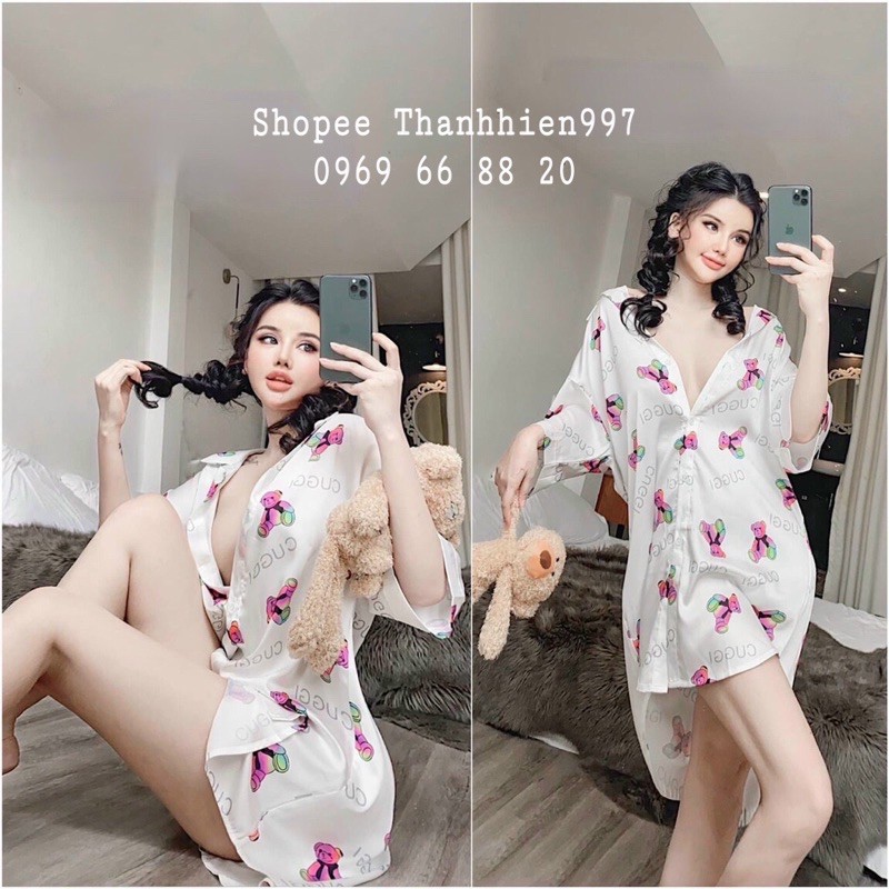 Váy ngủ sơ mi lụa tay lỡ gấu bảy sắc cầu vòng cute 13