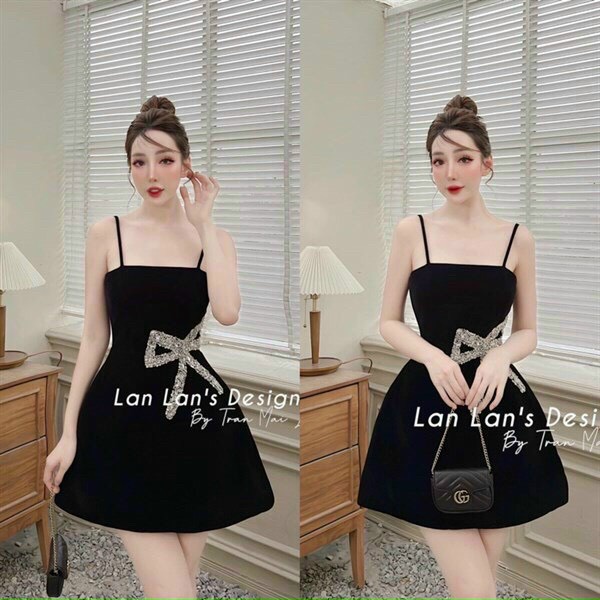 Đầm váy nữ 2 dây dáng còe thanh lịch họa tiết đính nơ eo quý phái, màu đen tôn dáng thời trang dự tiệc ,đi chơi dạo phố