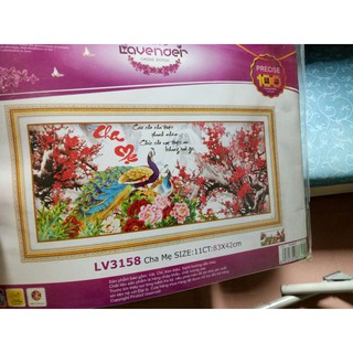 tranh thêu chữ thập thư pháp cha mẹ kt 83x42cm