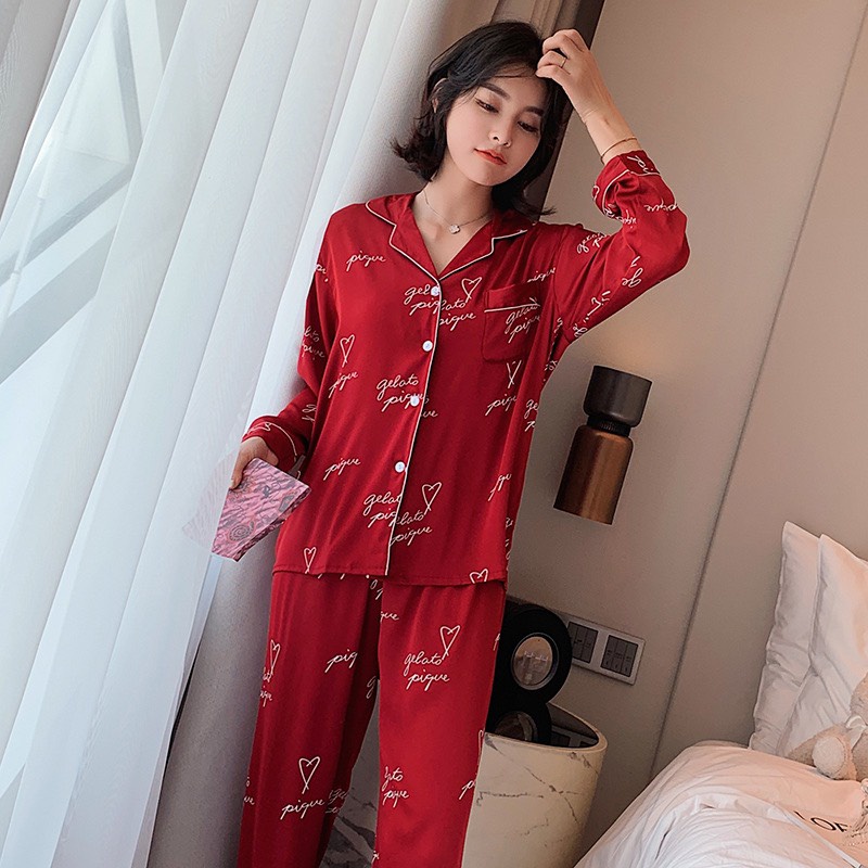 Đồ Ngủ Mặc Nhà Lụa Hàn Pajamas Dài Tay Quần Dài Họa Tiết AMANTA P46AMK