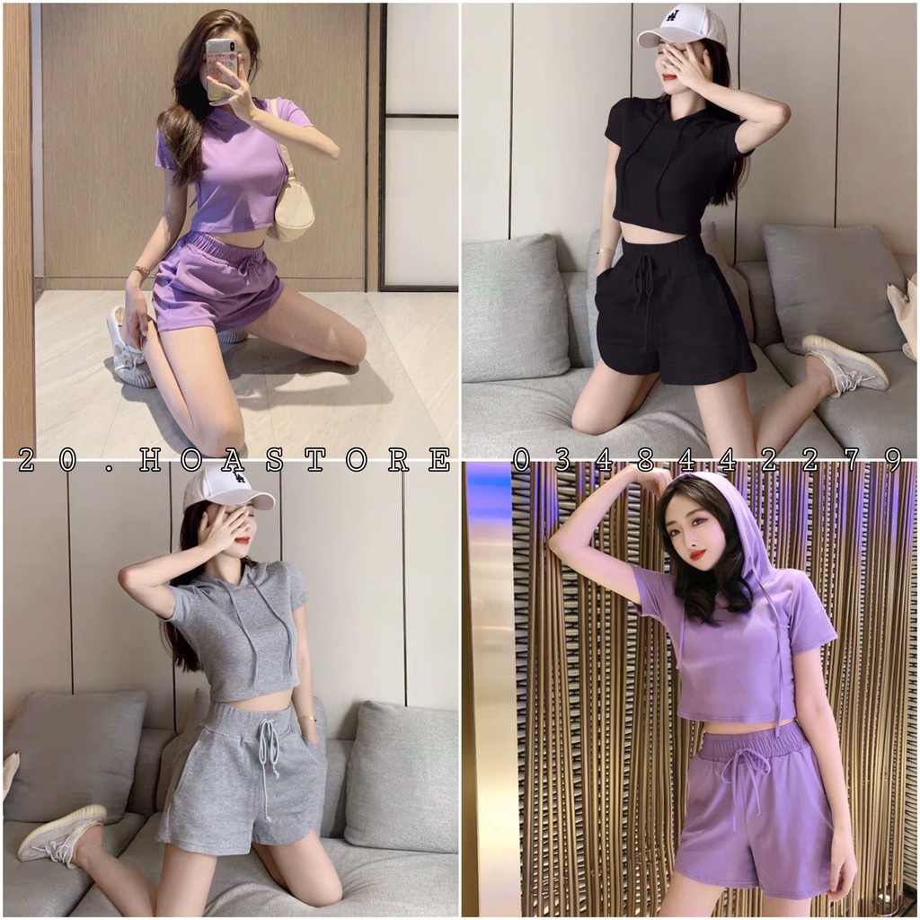 SET ÁO CROPTOP PHỐI MŨ + QUẦN SHORT XÁM ĐEN TÍM UNISEX - SET BỘ THỂ THAO TÍM BASIC