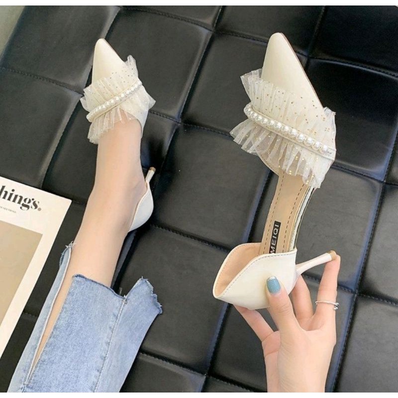 Giày cao gót,giày đi tiệc,giày cưới hở eo đính ngọc kèm bèo nhún,đủ size từ 30 đến 44 BIGSIZE.