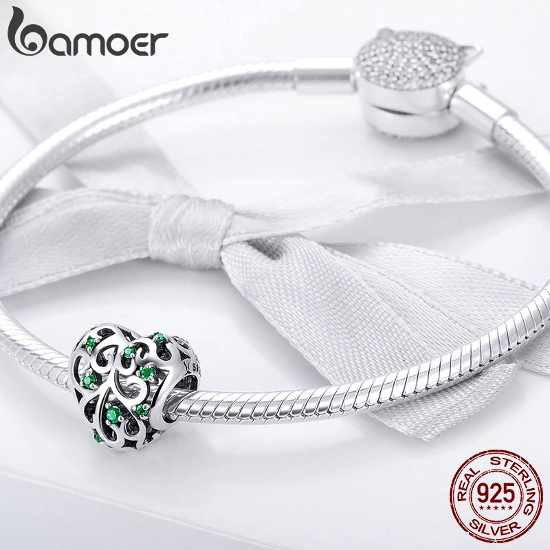 Hạt Phụ Kiện Bamoer SCC720 Bằng Bạc 925 Hình Cây Sự Sống Trái Tim Đính Đá Dùng Làm Vòng Đeo Tay Và Dây Chuyền Thủ Công
