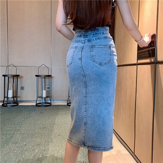 Chân váy Jeans Chân váy body Chân váy dáng dài cạp cao xẻ trước 2021