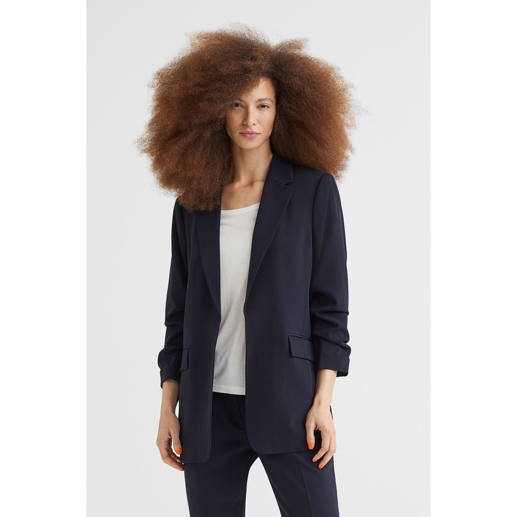 H&M Đức - Blazer dáng dài tay lửng tay áo nếp gấp nhẹ túi nắp đen xanh sale auth cao cấp chính hãng có sẵn 1036121001