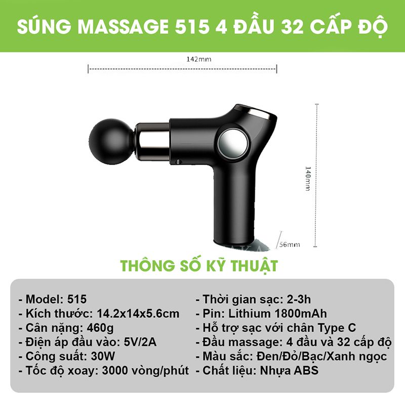 Súng Massage Cầm Tay , Máy Mát Xa Trị Liệu Toàn Thân TAKARA Với 4 Đầu Massage Và 32 Cấp Độ BH 12 Tháng KH515