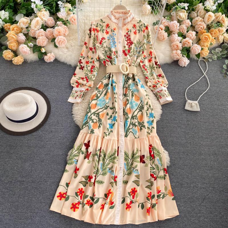 Đầm dài tay phong cách retro Âu Mỹ 2 màu kèm thắt lưng freesize