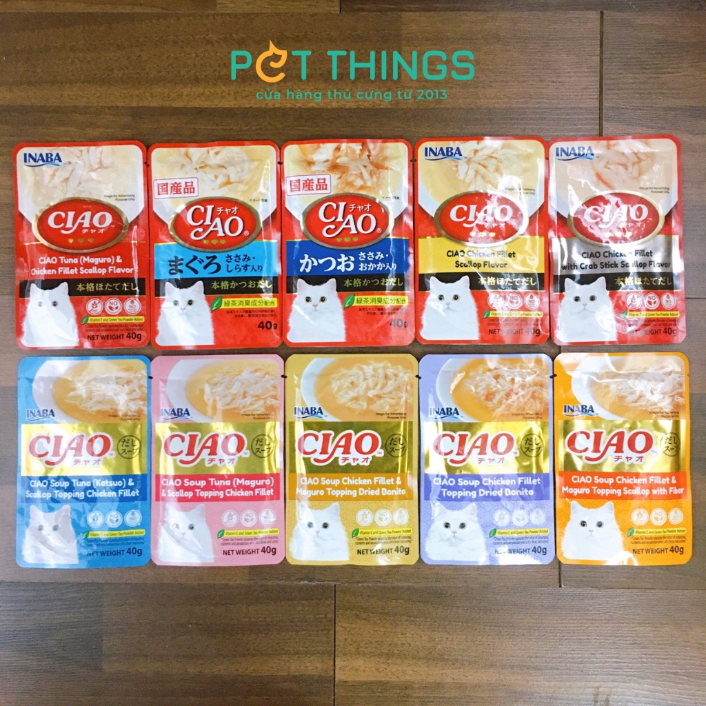 Pate Ciao gói 40g cho mèo thịt + nước súp, nhập Thái Lan, công ty Inaba Nhật Bản, thức ăn ướt cho mèo