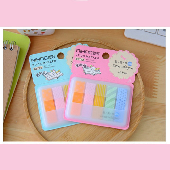 HCM - Hộp bookmark nhựa 5 tệp chấm bi, sọc, tam giác pastel kiểu Hàn chặn sách kiêm ghi chú note