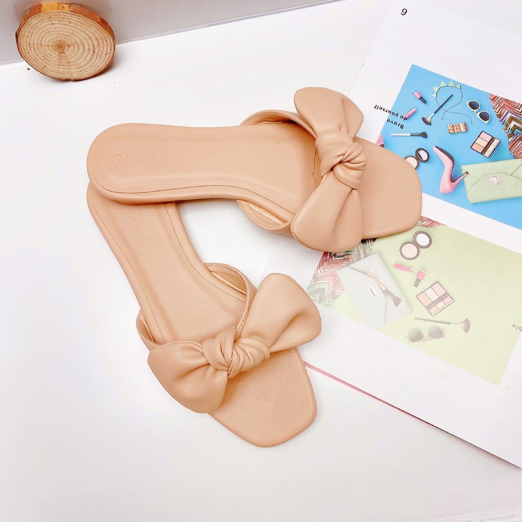 Dép nơ GÓT XINH GX4 màu xanh lá đế bệt da mềm