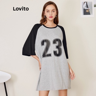 Đầm Lovito cổ tròn phối đường viền tương phản tay áo không nối vai hình nhân vật phong cách preppy L27AD124 (màu xám nhạt)
