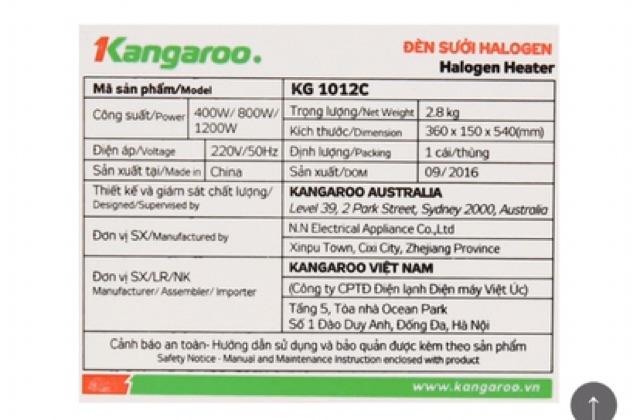 Thanh lý new 99% Đèn sưởi Halogen Kangaroo KG1012C - 1200W