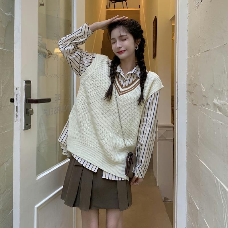 Set Áo Len Không Tay Họa Tiết Kẻ Sọc Kèm Áo Khoác Ngoài Thời Trang Cho Nữ