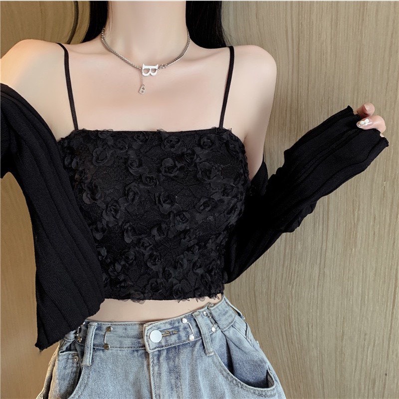 Áo bra ren 2 dây dáng croptop cao cấp,áo ngực kèm mút nâng,áo quây ngực 2 dây ren hoa hồng BR586