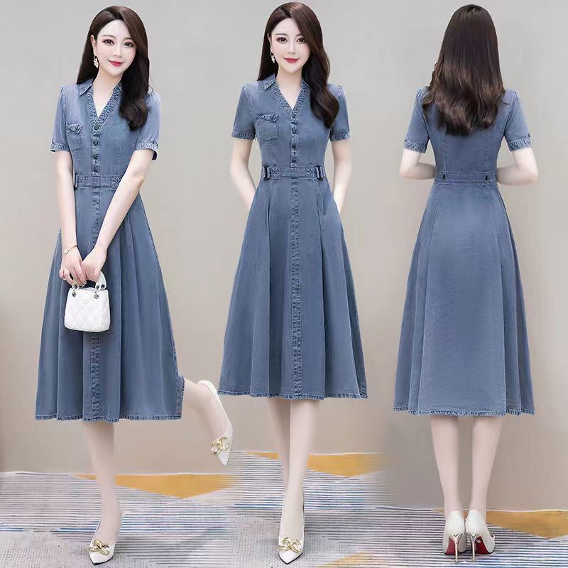 Đầm Denim Dài Tay Ngắn Che Bụng Phong Cách Thời Trang Mới 2022