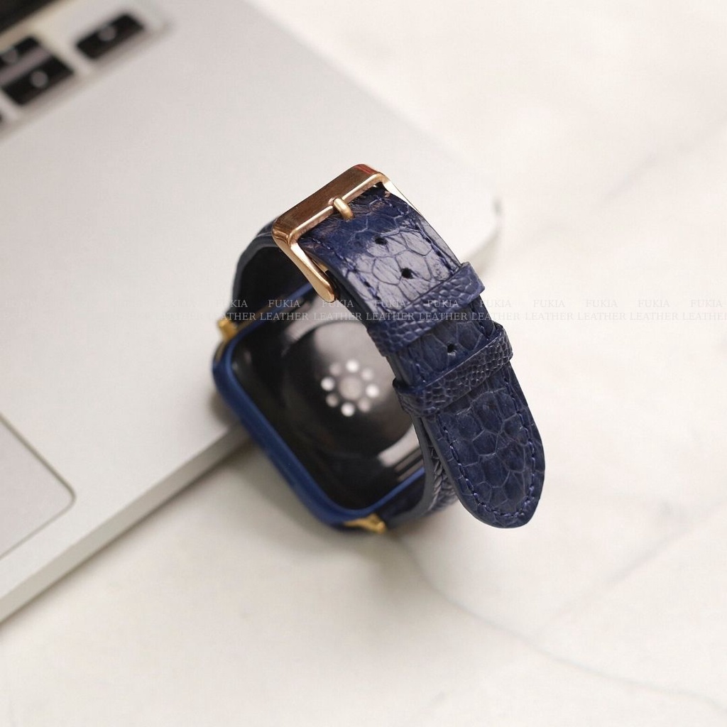 Dây da đà điểu thủ công xanh dương dành cho Apple Watch, đồng hồ thông minh, đồng hồ cơ