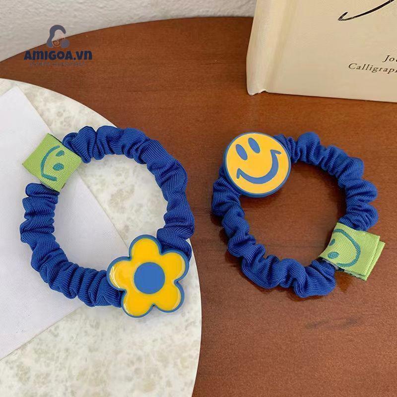 ✨✨Dây Buộc Tóc Cao Su Co Giãn Hình Hoa Mặt Cười Màu Xanh Klein Cho Nữ