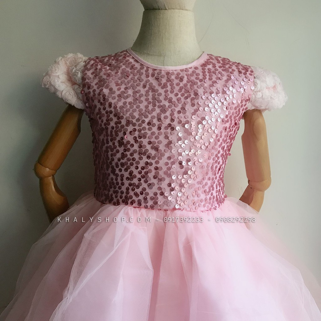 Đầm tay con công chúa cao cấp, dạ hội, dự tiệc, bé gái 4 lớp voan kết ren phối lưới đính kim sa lấp lánh màu hồng