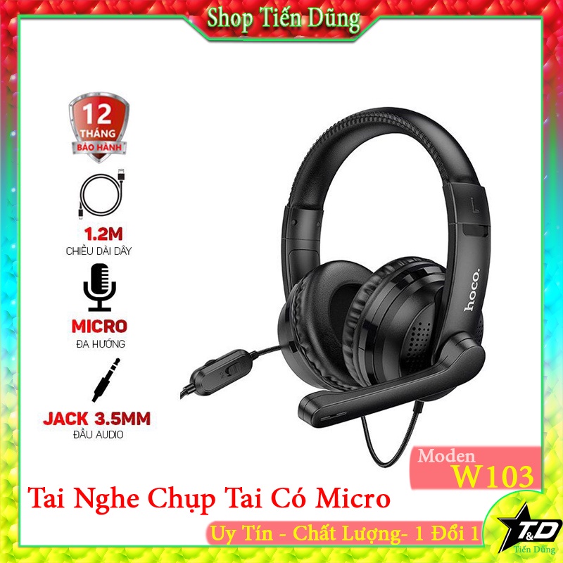 Tai Nghe Chụp Tai Chơi Game Có Micro Hoco W103 Dùng Cho Điện Thoại Máy Tính Jack 3.5mm Chiều Dài 1.2m