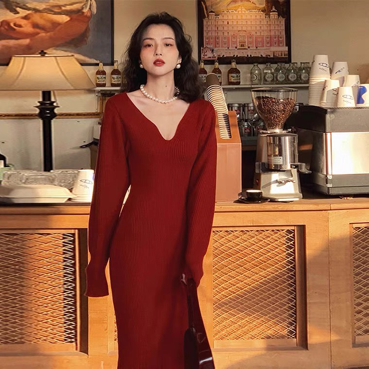 SUXI Đầm midi tay dài cổ chữ V dáng ôm thời trang mùa thu phong cách Hàn Quốc thanh lịch cho nữ