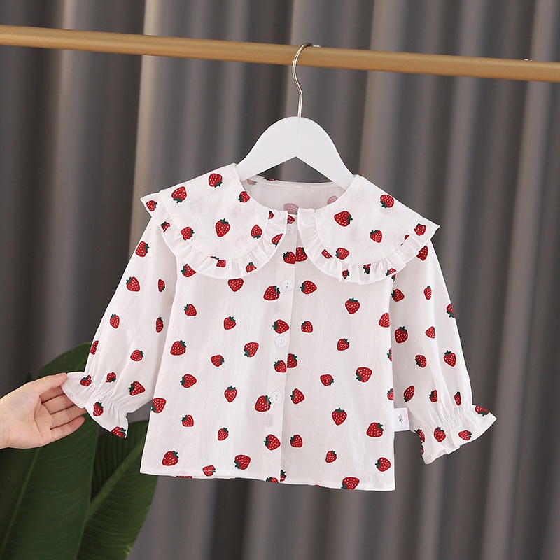 Áo Blouse Bé Gái Tay Dài Hình Quả Dâu Phong Cách Hàn Quốc