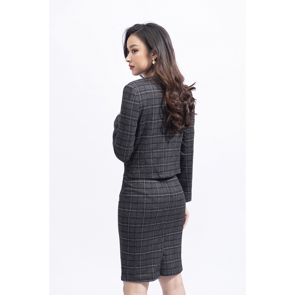 Bộ Vest Kẻ Nữ Công Sở Kéo Khóa Luperi cổ tròn chân bút chì tôn dáng eo thon LFBV670