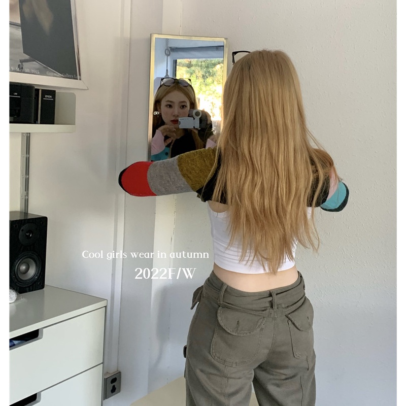 QKOOLE  Áo Croptop Dệt Kim Tay Dài Màu Sắc Vintage Hàn Quốc Cho Nữ