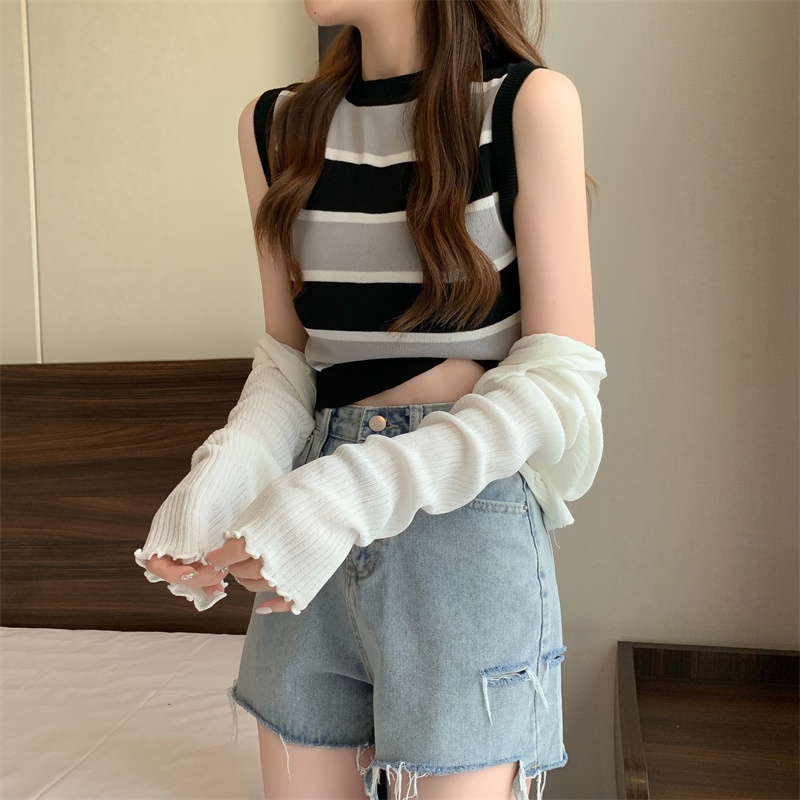 Áo Sát Nách Dệt Kim Cổ Tròn Họa Tiết Kẻ Sọc Thời Trang Cho Nữ