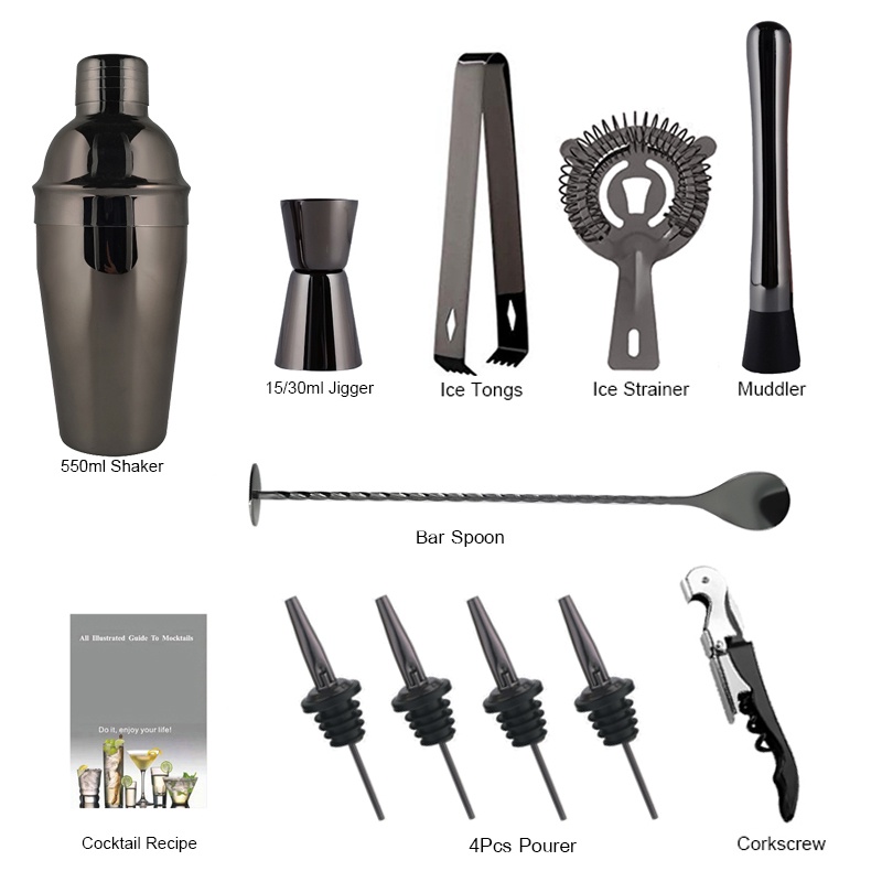 Bộ 12 Dụng Cụ Pha Chế Cocktail Bằng Thép Không Gỉ 550ML 750ML 800 / 600ML Màu Vàng Hồng