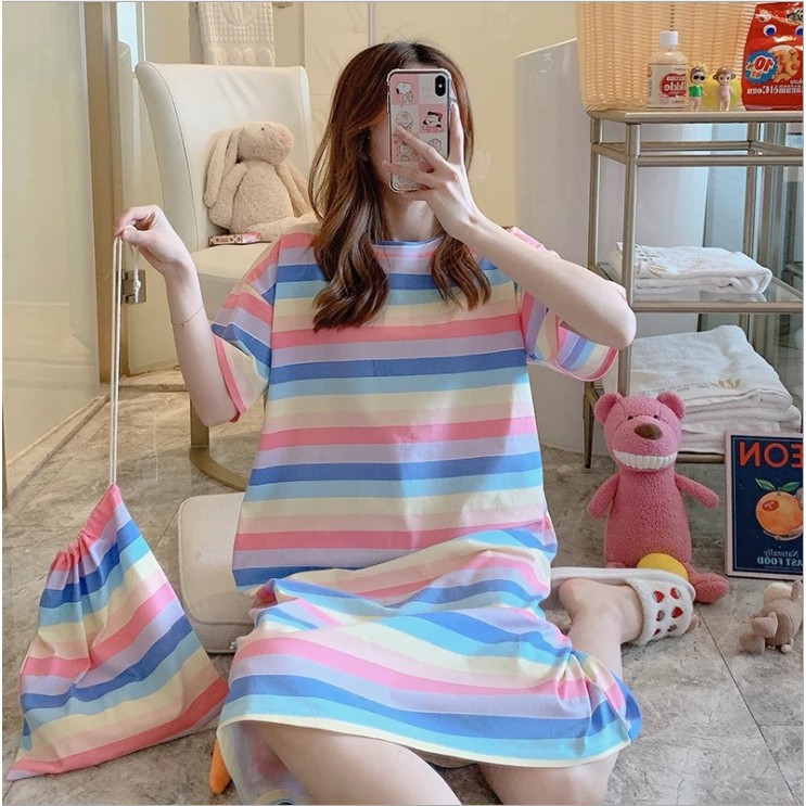 Váy ngủ cộc tay đầm ngủ dáng suông chất cotton mềm mát họa tiết hoạt hình dễ thương VN-02