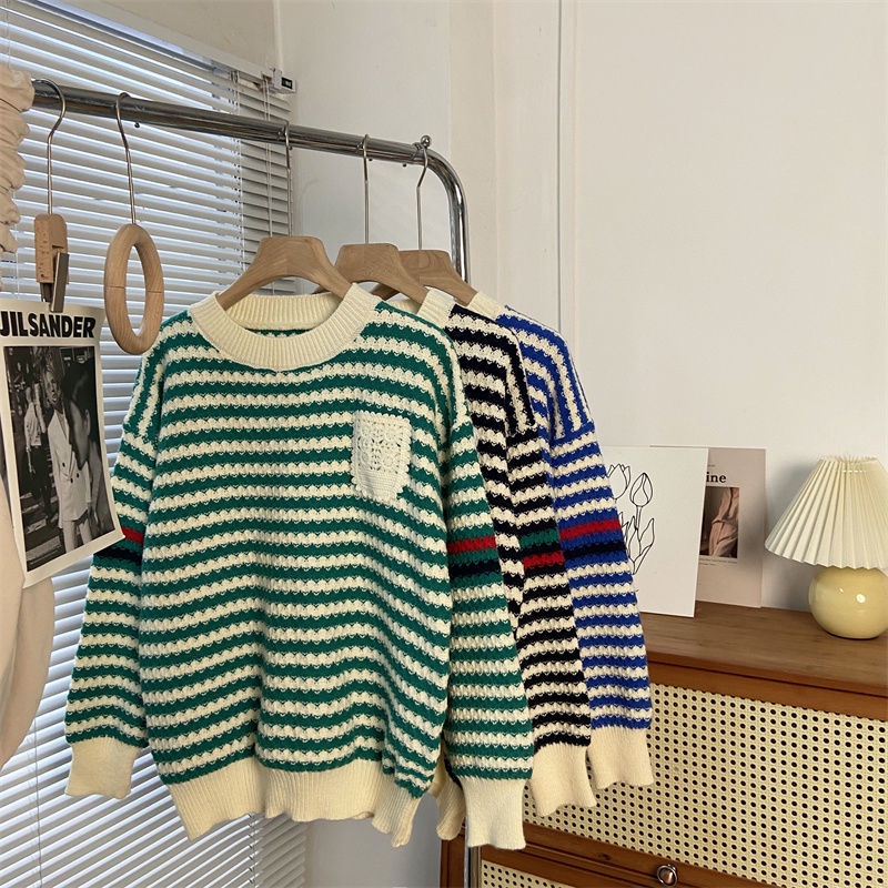 Áo sweater Dệt Kim Cổ Tròn Dáng Rộng Kẻ Sọc Màu Sắc Tương Phản Thời Trang Thu Đông Cho Nữ