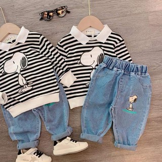 Sét áo cổ trụ sọc cún con mix quần jaen