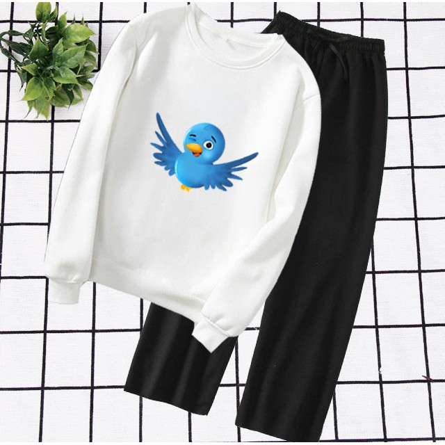 Sét Đồ Thu Đông Gồm Áo Trắng Dài Tay In Hình Chú Chim Blue Đi Kèm Quần Thô & Jogger Kaki Trẻ Trung, Phù Hợp Đi Chơi