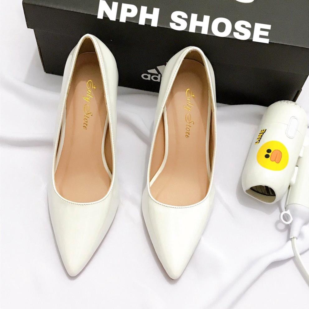 Giày Cao Gót Bít Mũi 7P Màu Trắng, Đế Pháp Da Bóng - Giày Gót Nhọn Công Sở (NPH SHOSE), Hàng VNXK Cao Cấp .