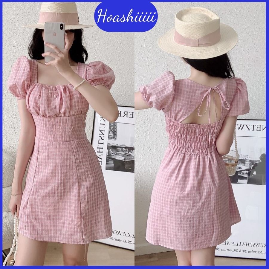 Váy đầm nữ tay phồng hở lưng dáng ngắn phong cách tiểu thư Hàn Quốc chất mềm đẹp sẵn hàng