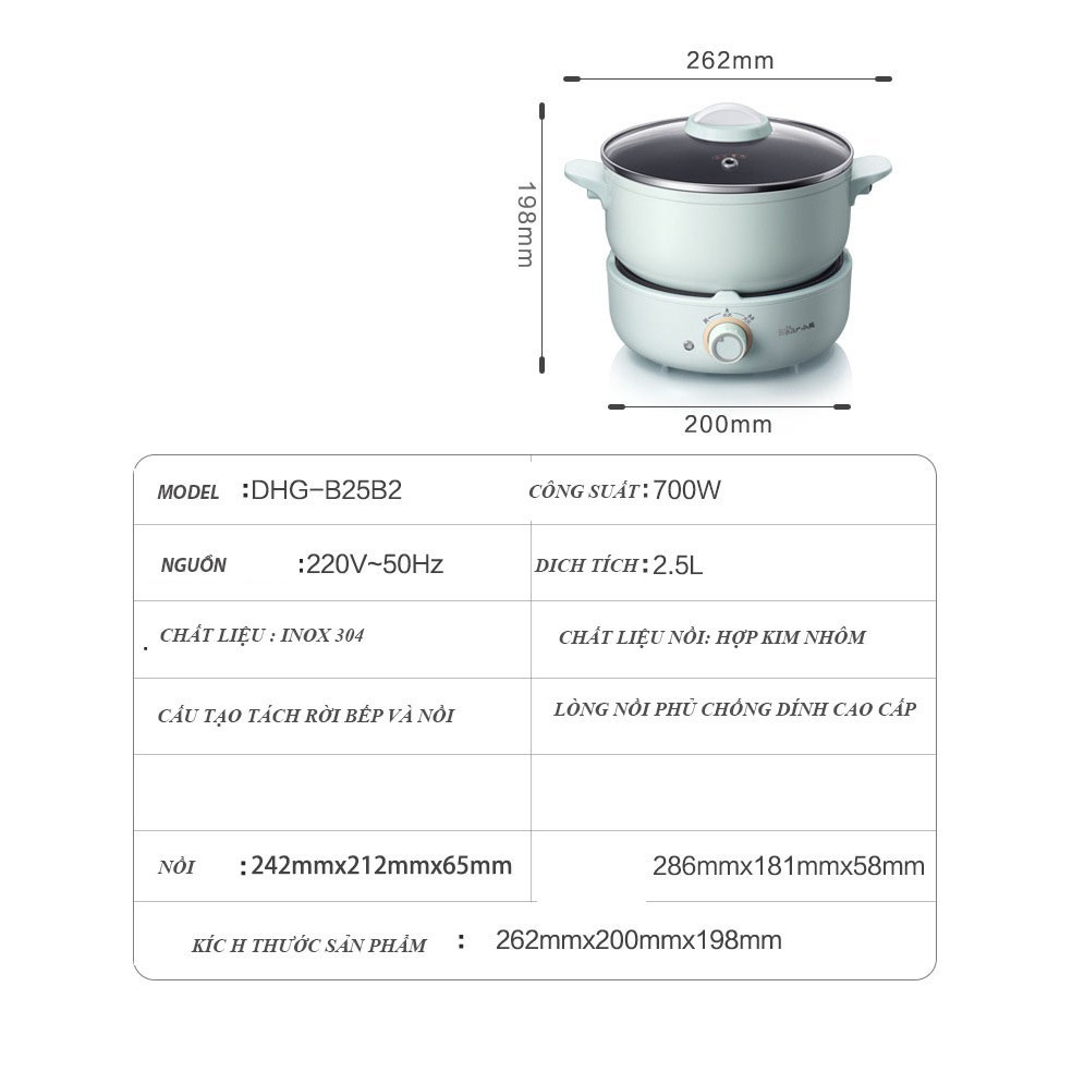 Nồi Lẩu Điện Đa Năng Mini Bear DHG-B25B2 2.5L Tặng Kèm Chảo, Khay Hấp