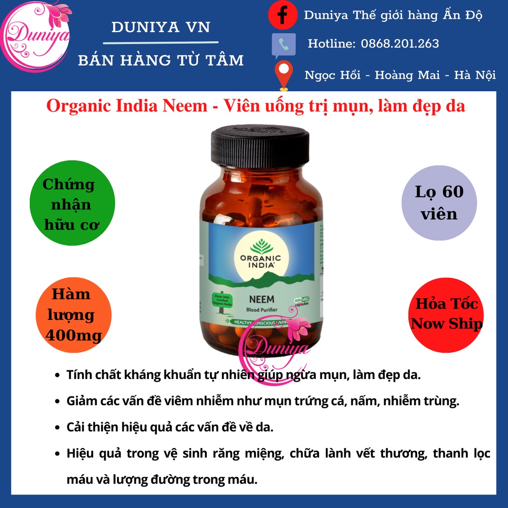 Viên uống thanh lọc máu, sạch mụn Organic India Neem