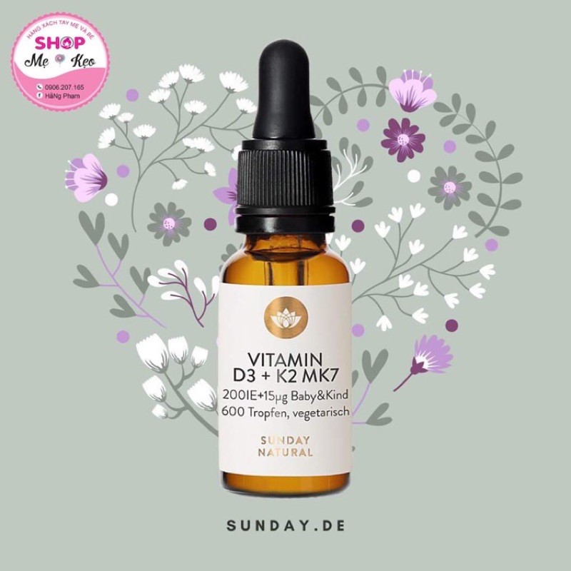 Vitamin D3 K2 MK7 (20ml 600 giọt) giúp chắc xương cho trẻ từ sơ sinh đến 4 tuổi Sunday Natural, Đức