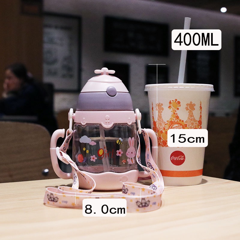 Bình Nước 400ml Trong Suốt Chống Rò Rỉ Kèm Ống Hút Dễ Thương Cho Bé