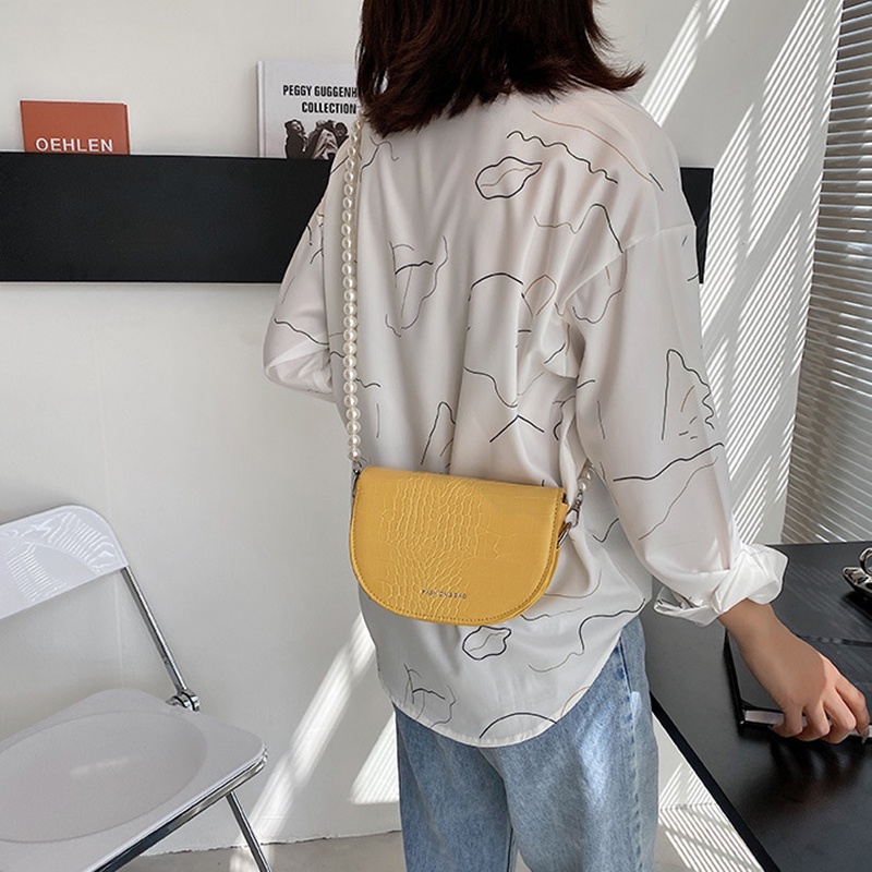 Túi đeo vai IELGY hình bán nguyệt yên ngựa dây đeo ngọc trai thời trang kiểu Tây cho nữ